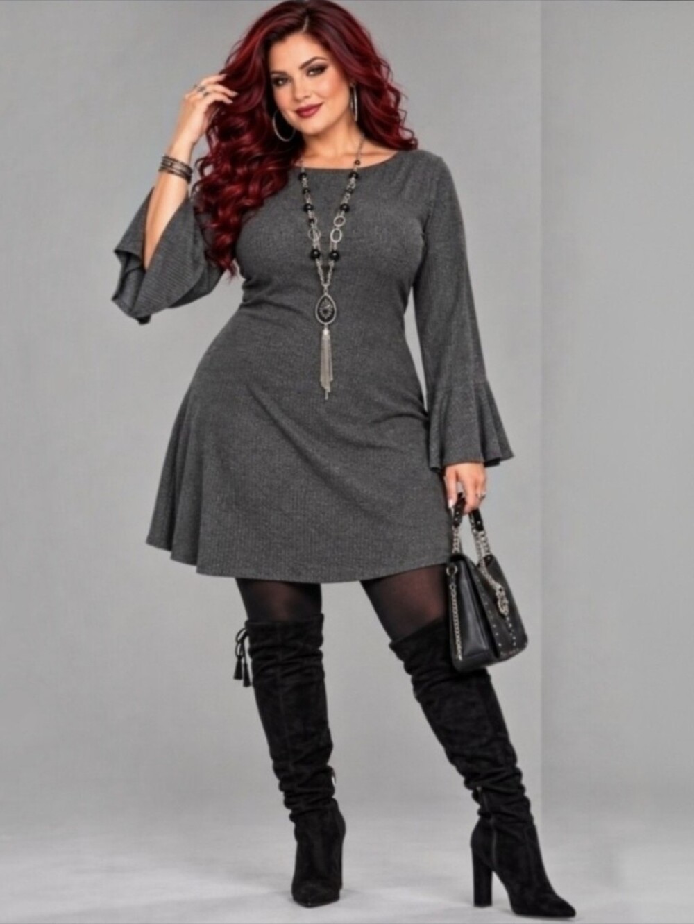 Mary & Mo | Charcoal Ribbed Bell Sleeve Mini Dress | XL Juniors | NWT | Grunge